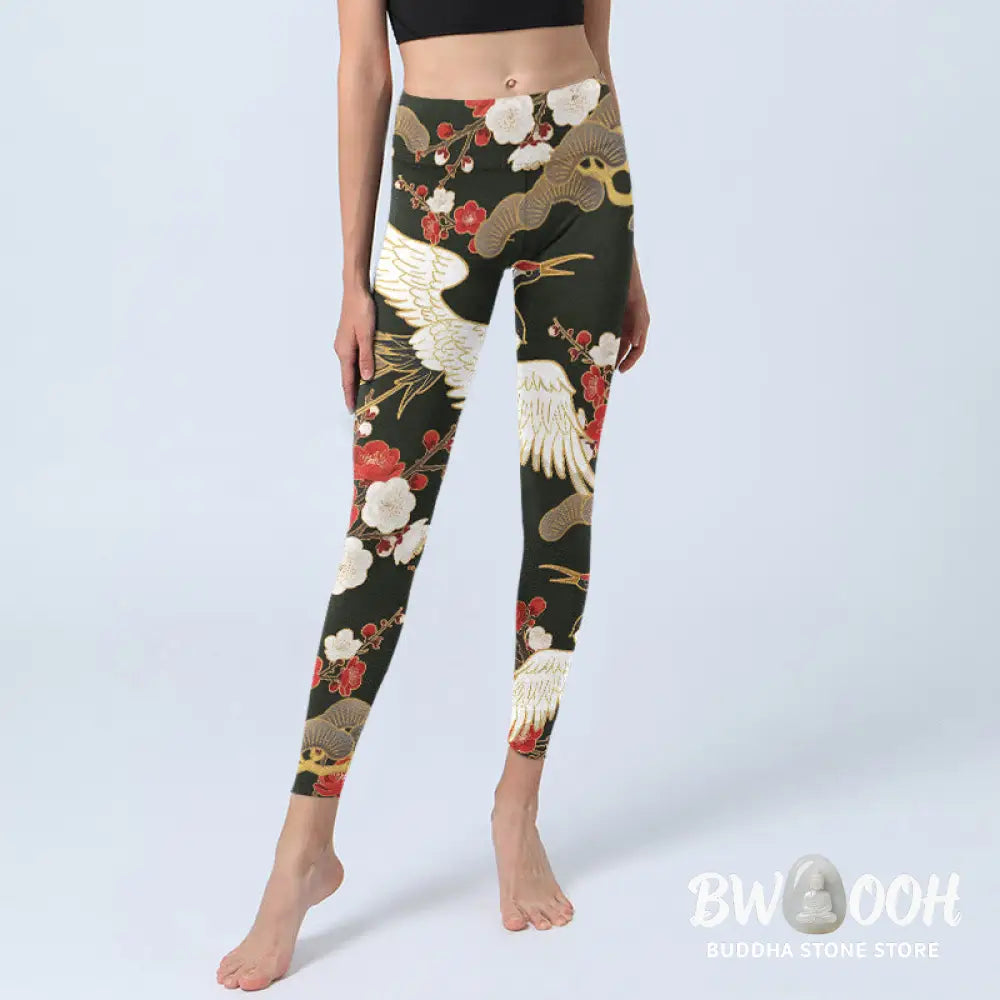 BWOOOH printed yoga leggings - Red Crowned Cranes Plum Blossoms Branche