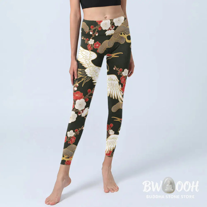 BWOOOH printed yoga leggings - Red Crowned Cranes Plum Blossoms Branche