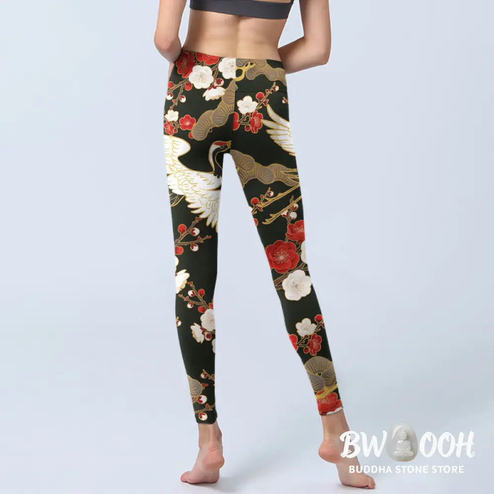 BWOOOH printed yoga leggings - Red Crowned Cranes Plum Blossoms Branche