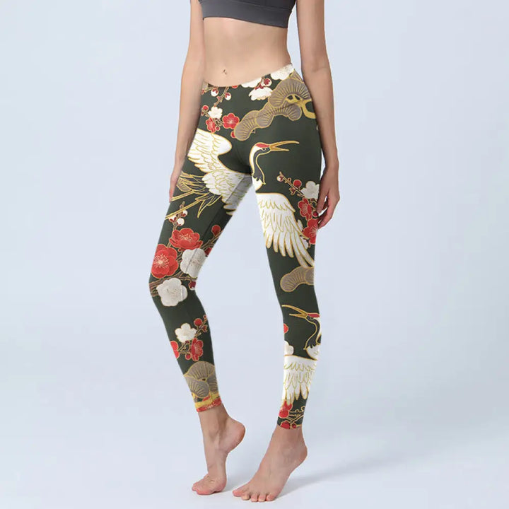 BWOOOH printed yoga leggings - Red Crowned Cranes Plum Blossoms Branche