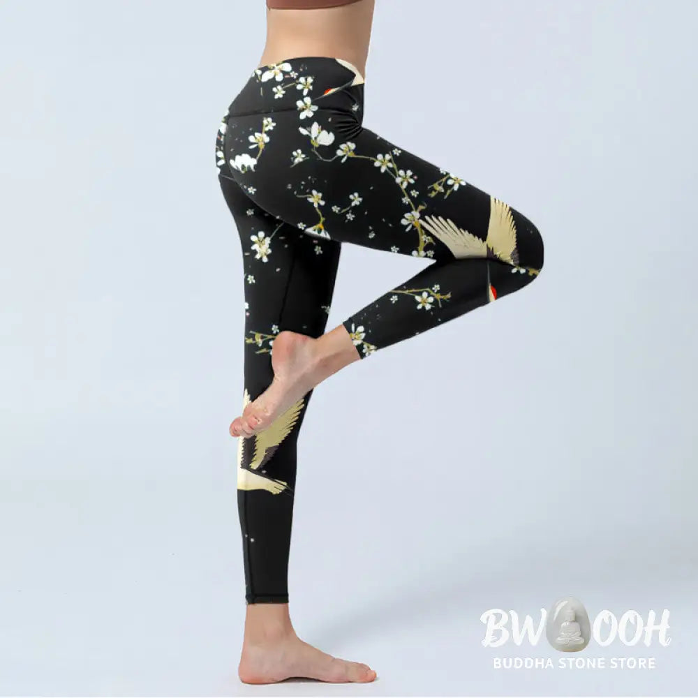 BWOOOH printed yoga leggings - Red-crowned Cranes Plum Blossoms Pattern