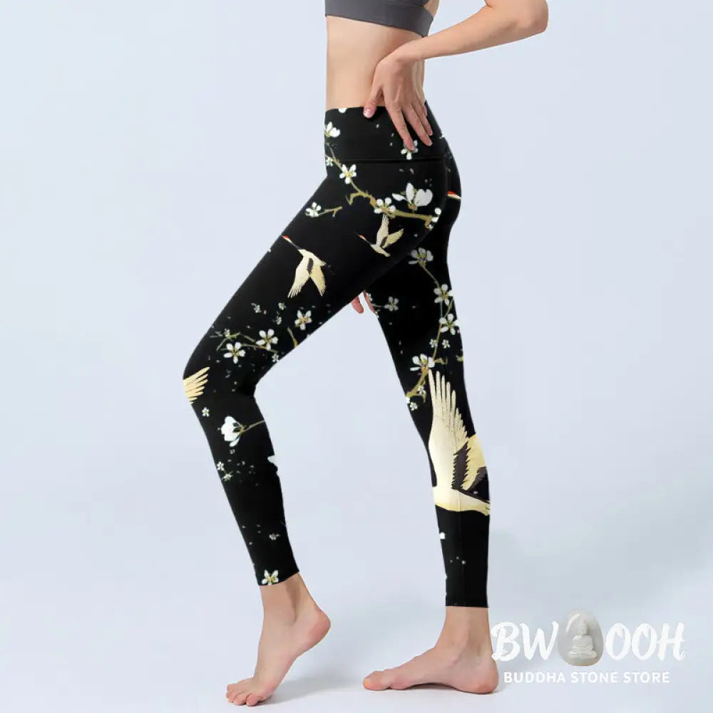 BWOOOH printed yoga leggings - Red-crowned Cranes Plum Blossoms Pattern