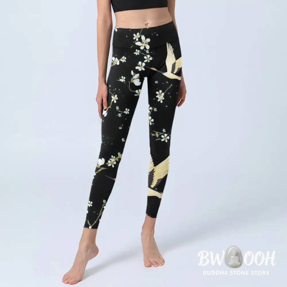 BWOOOH printed yoga leggings - Red-crowned Cranes Plum Blossoms Pattern