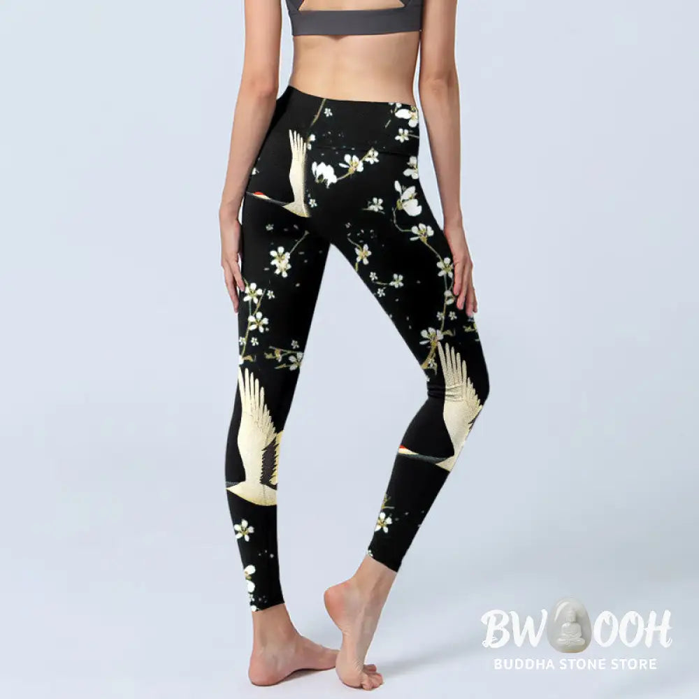 BWOOOH printed yoga leggings - Red-crowned Cranes Plum Blossoms Pattern