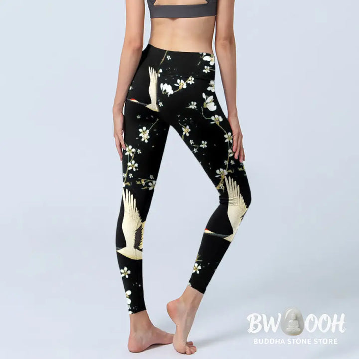 BWOOOH printed yoga leggings - Red-crowned Cranes Plum Blossoms Pattern