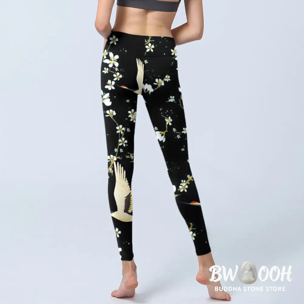 BWOOOH printed yoga leggings - Red-crowned Cranes Plum Blossoms Pattern