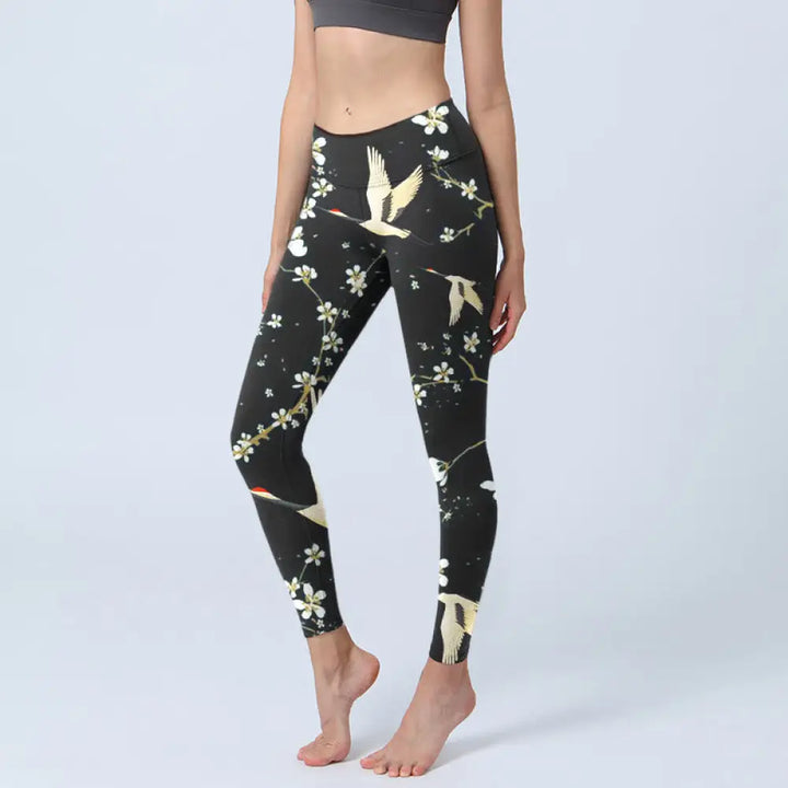 BWOOOH printed yoga leggings - Red-crowned Cranes Plum Blossoms Pattern