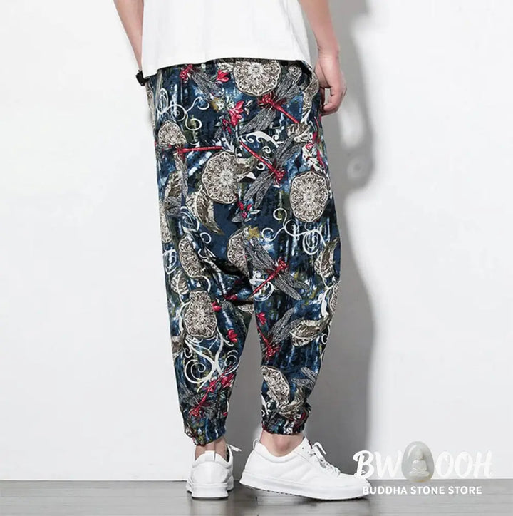 Buddha Stones Red Dragonfly Dandelion Print Cotton Men’s Harem Pants With Pockets - Men’s Harem Pants