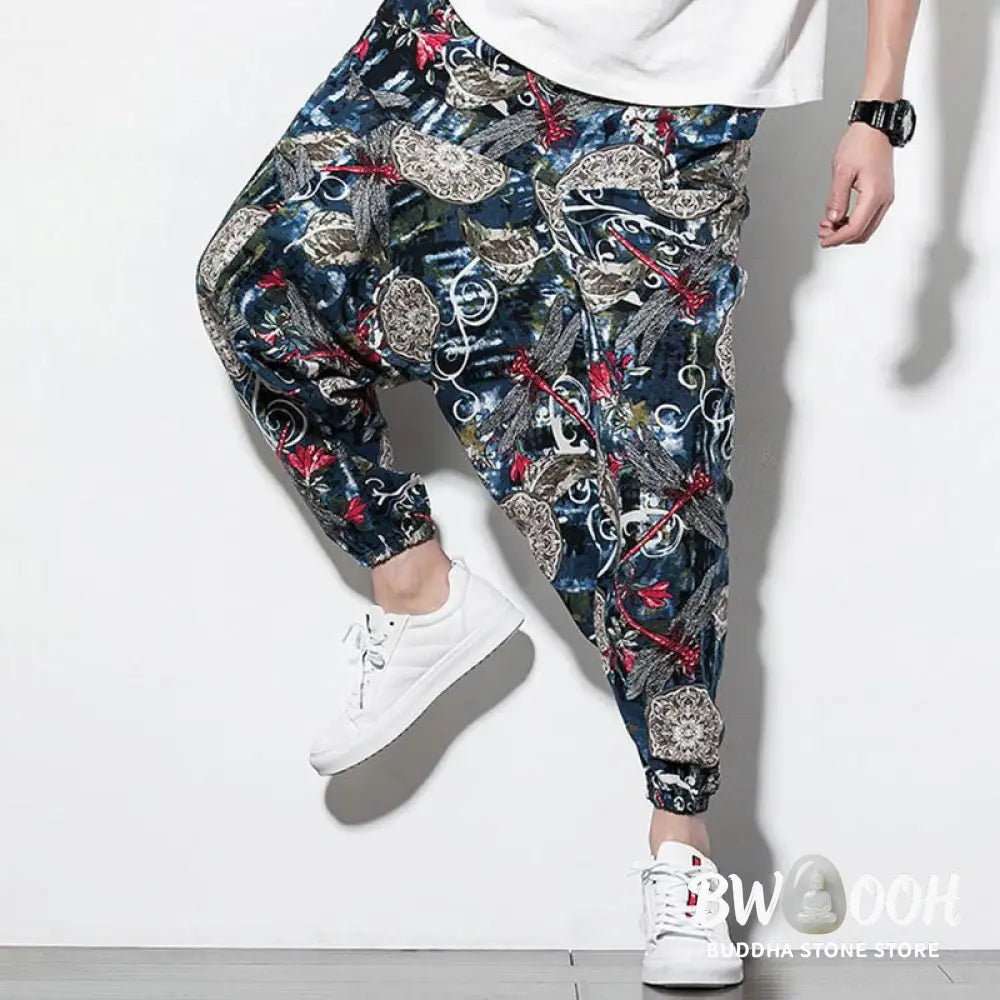 Buddha Stones Red Dragonfly Dandelion Print Cotton Men’s Harem Pants With Pockets - Men’s Harem Pants