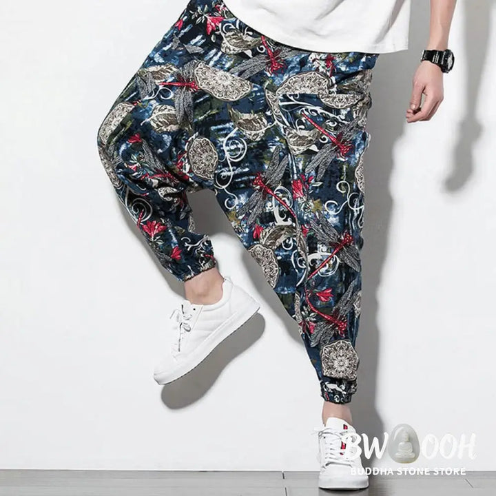 Buddha Stones Red Dragonfly Dandelion Print Cotton Men’s Harem Pants With Pockets - Men’s Harem Pants