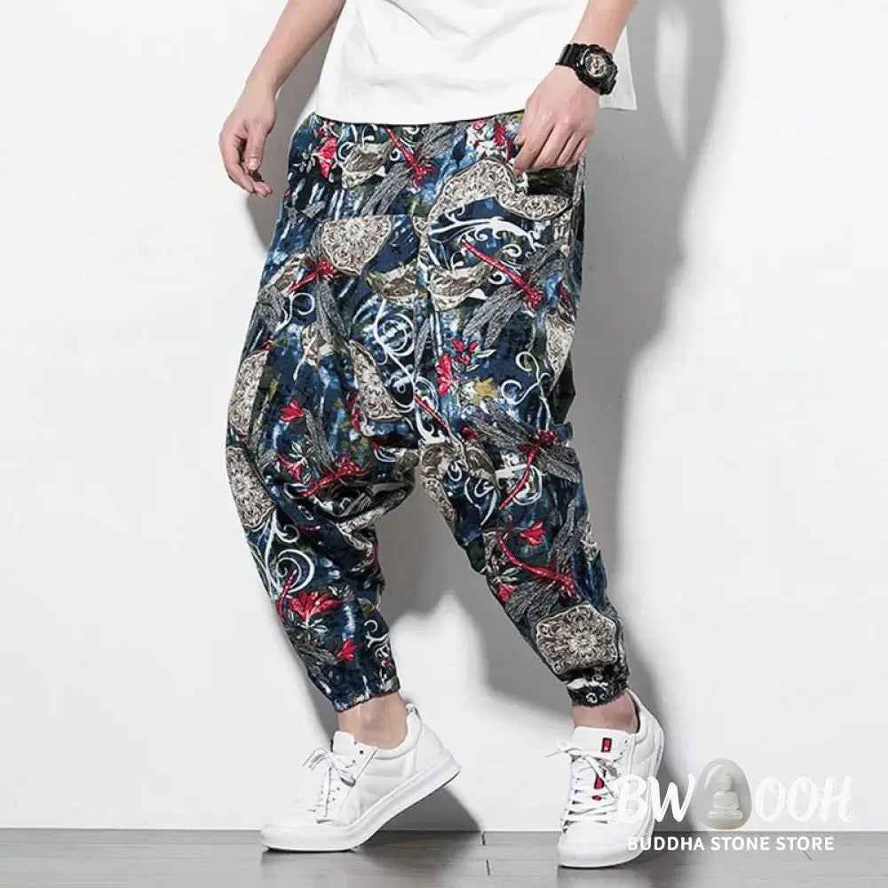Buddha Stones Red Dragonfly Dandelion Print Cotton Men’s Harem Pants With Pockets - Men’s Harem Pants