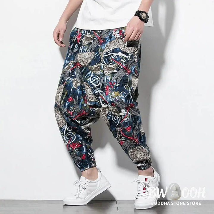 Buddha Stones Red Dragonfly Dandelion Print Cotton Men’s Harem Pants With Pockets - Men’s Harem Pants