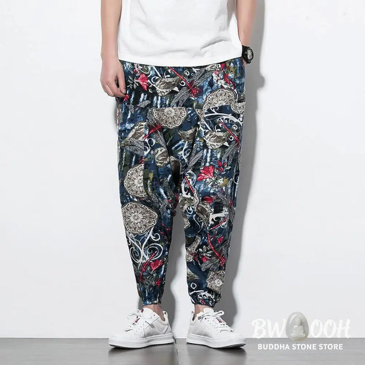 Buddha Stones Red Dragonfly Dandelion Print Cotton Men’s Harem Pants With Pockets - Men’s Harem Pants