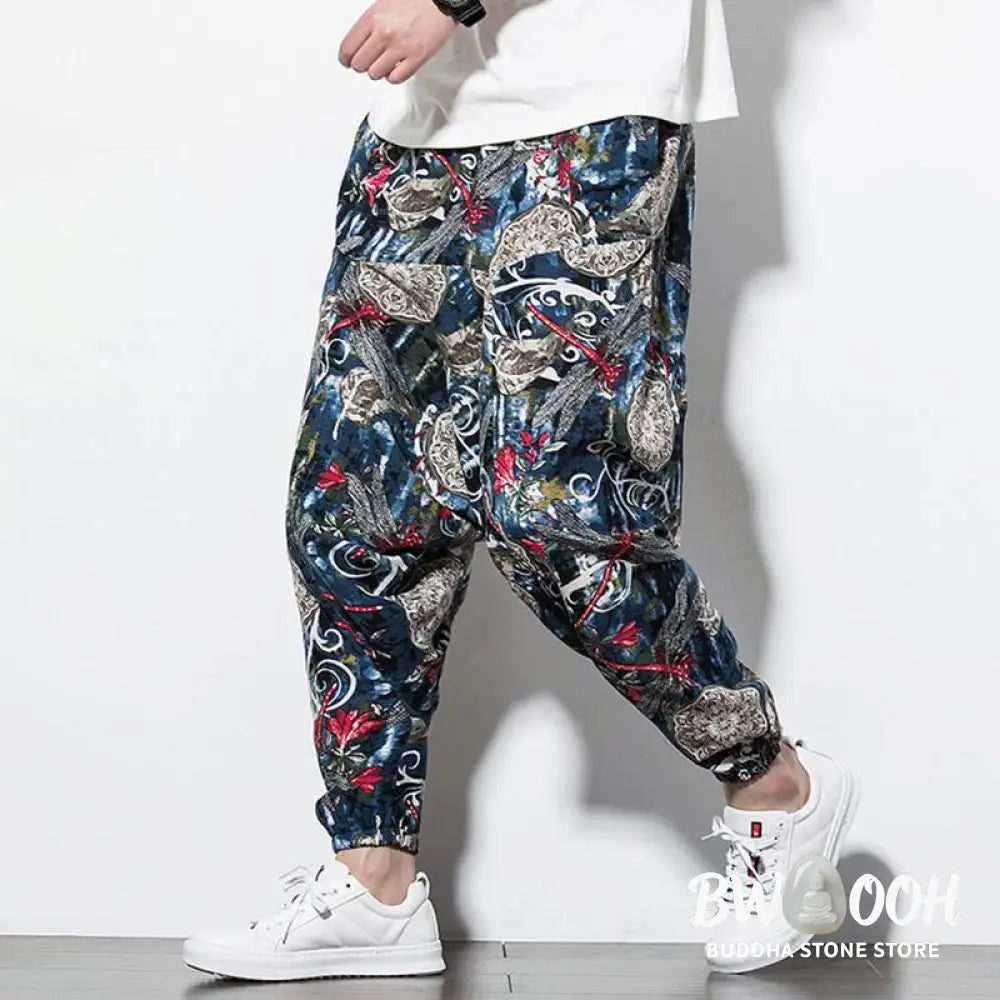 Buddha Stones Red Dragonfly Dandelion Print Cotton Men’s Harem Pants With Pockets - Men’s Harem Pants