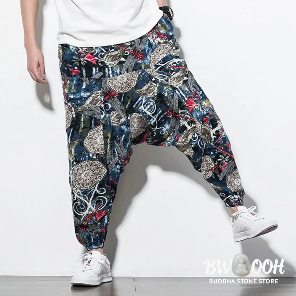 Buddha Stones Red Dragonfly Dandelion Print Cotton Men’s Harem Pants With Pockets - Men’s Harem Pants
