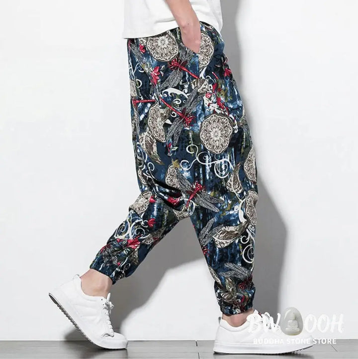 Buddha Stones Red Dragonfly Dandelion Print Cotton Men’s Harem Pants With Pockets - Men’s Harem Pants