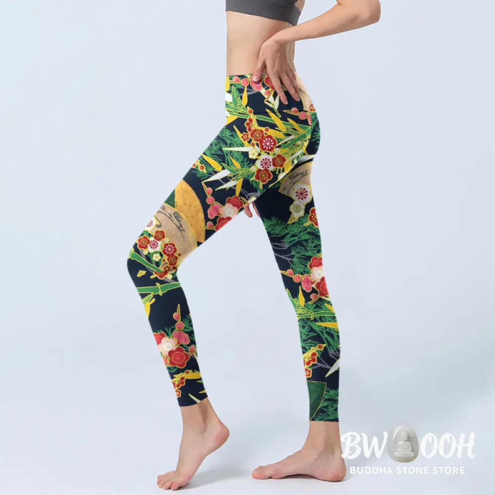 BWOOOH printed yoga leggings - Red Flowers Yellow-green Bamboo Pine Tre