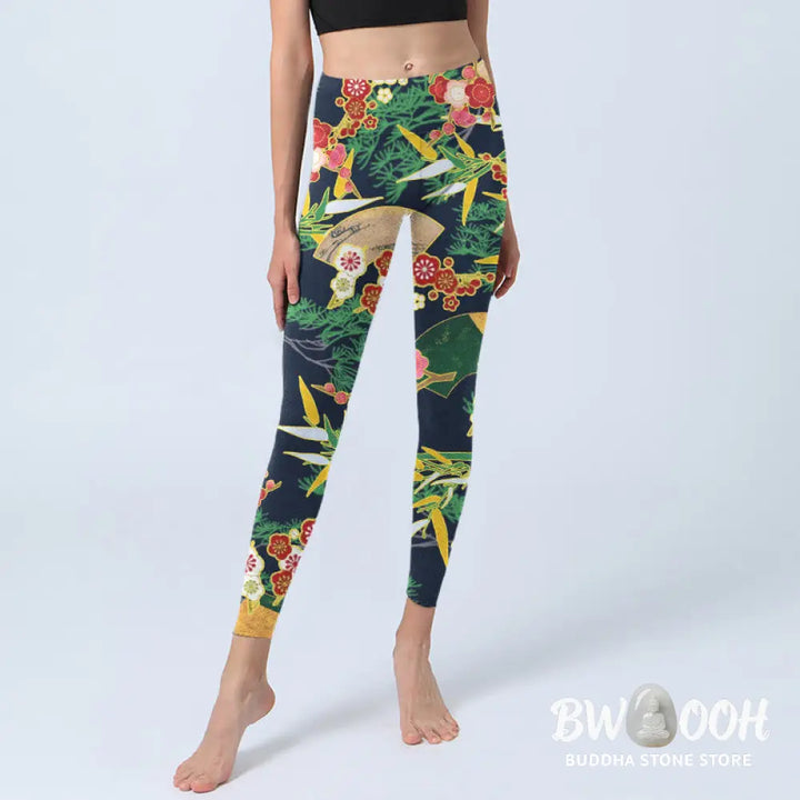 BWOOOH printed yoga leggings - Red Flowers Yellow-green Bamboo Pine Tre