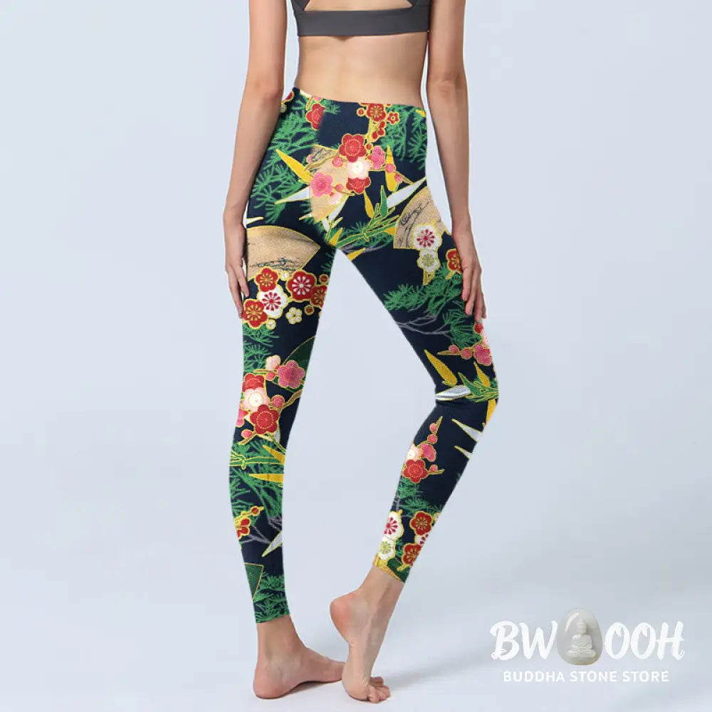 BWOOOH printed yoga leggings - Red Flowers Yellow-green Bamboo Pine Tre