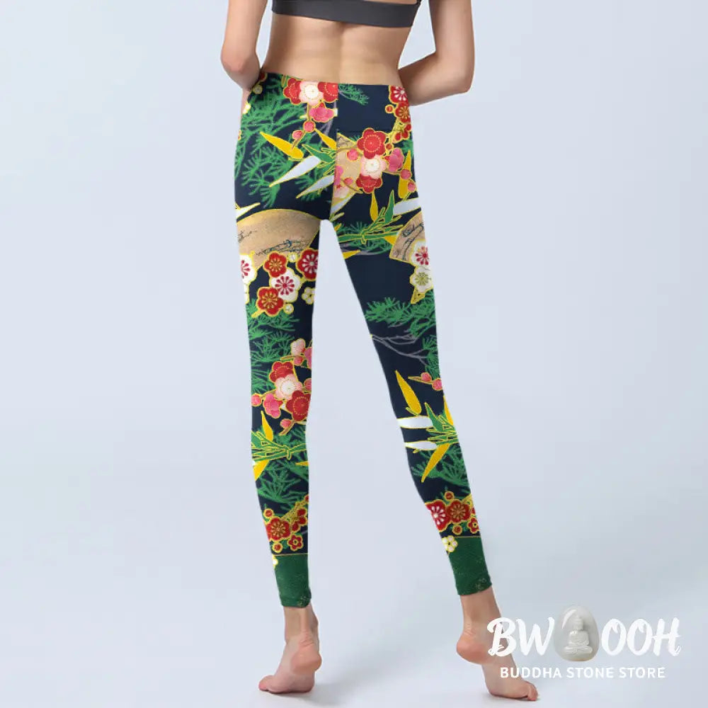 BWOOOH printed yoga leggings - Red Flowers Yellow-green Bamboo Pine Tre