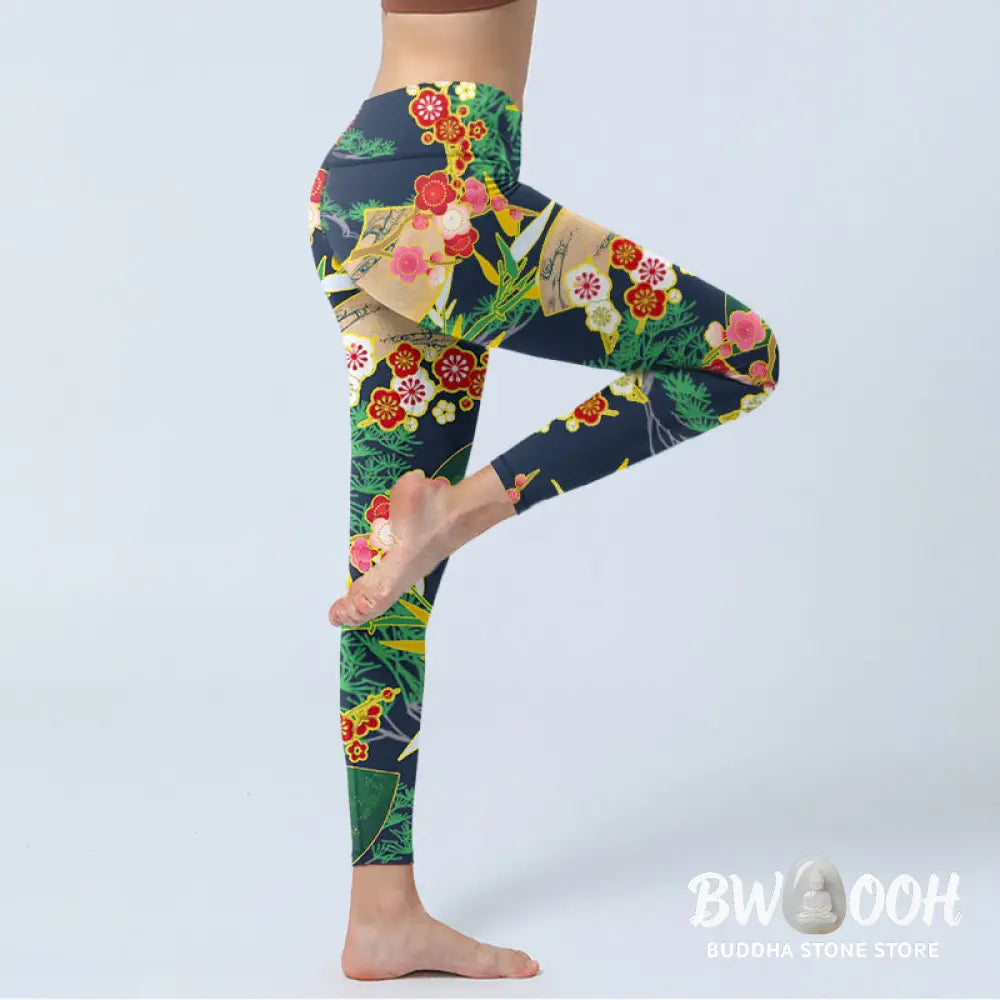 BWOOOH printed yoga leggings - Red Flowers Yellow-green Bamboo Pine Tre