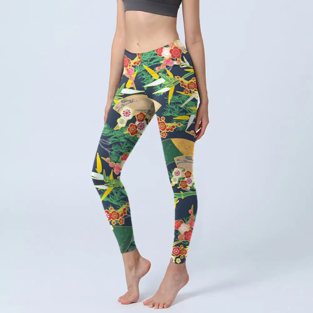 BWOOOH printed yoga leggings - Red Flowers Yellow-green Bamboo Pine Tre