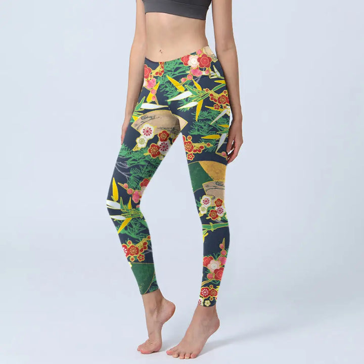 BWOOOH printed yoga leggings - Red Flowers Yellow-green Bamboo Pine Tre