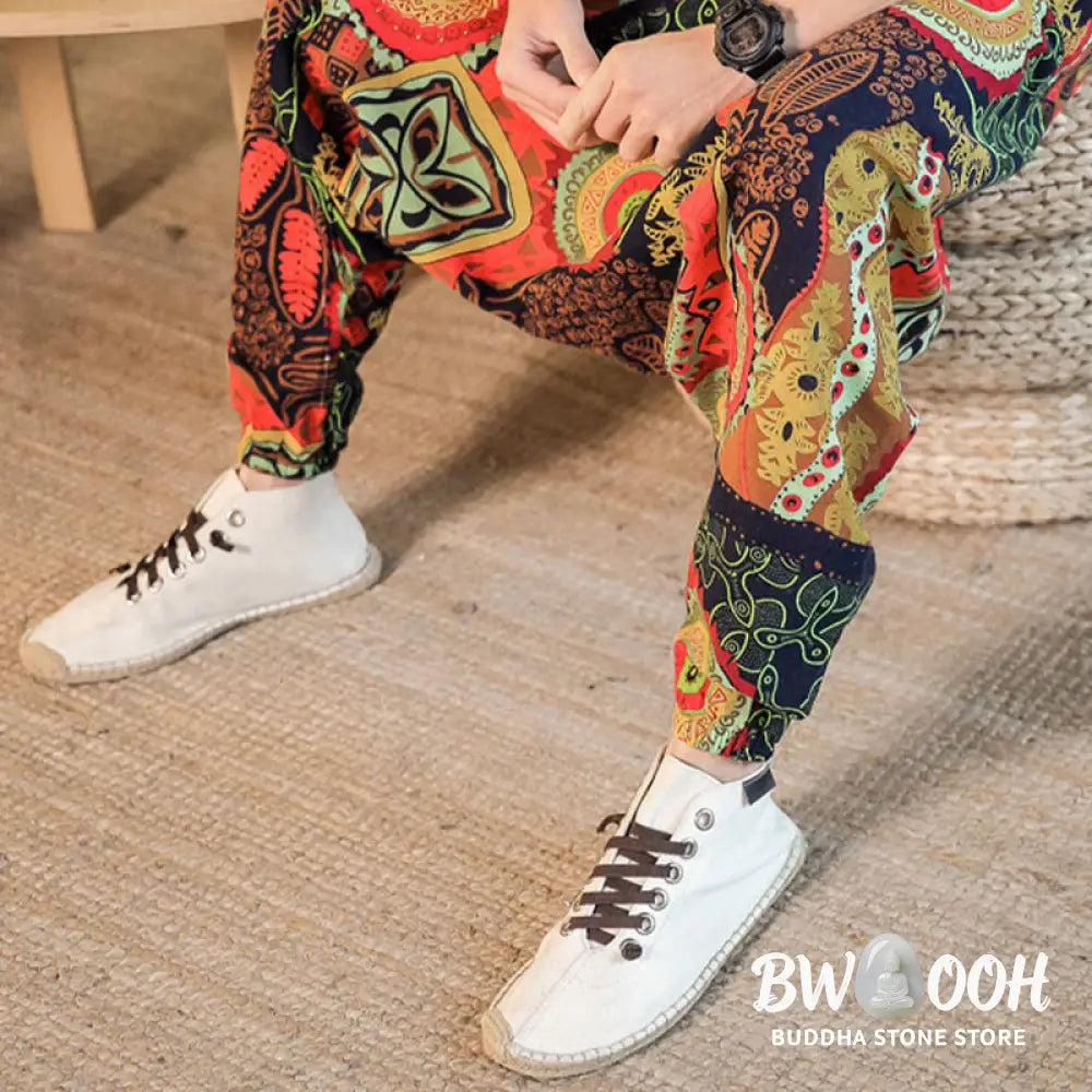 Buddha Stones Red Gold Casual Leaves Print Cotton Men’s Harem Pants With Pockets - Men’s Harem Pants