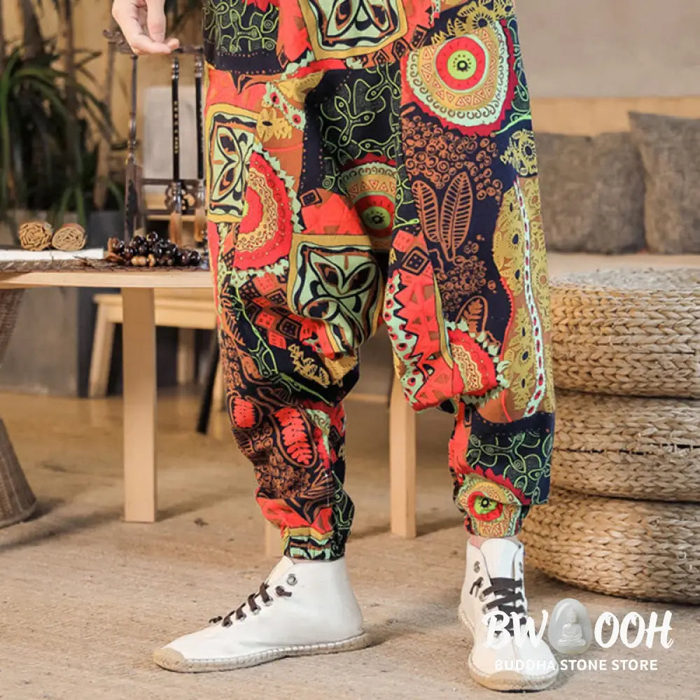 Buddha Stones Red Gold Casual Leaves Print Cotton Men’s Harem Pants With Pockets - Men’s Harem Pants