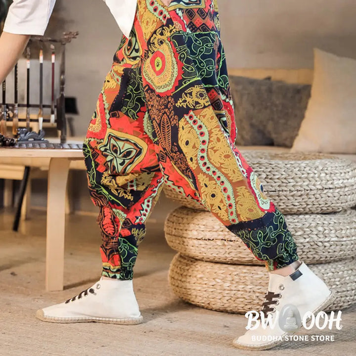 Buddha Stones Red Gold Casual Leaves Print Cotton Men’s Harem Pants With Pockets - Men’s Harem Pants