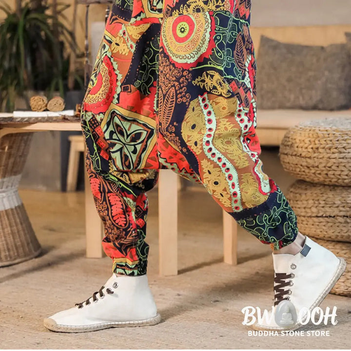 Buddha Stones Red Gold Casual Leaves Print Cotton Men’s Harem Pants With Pockets - Men’s Harem Pants