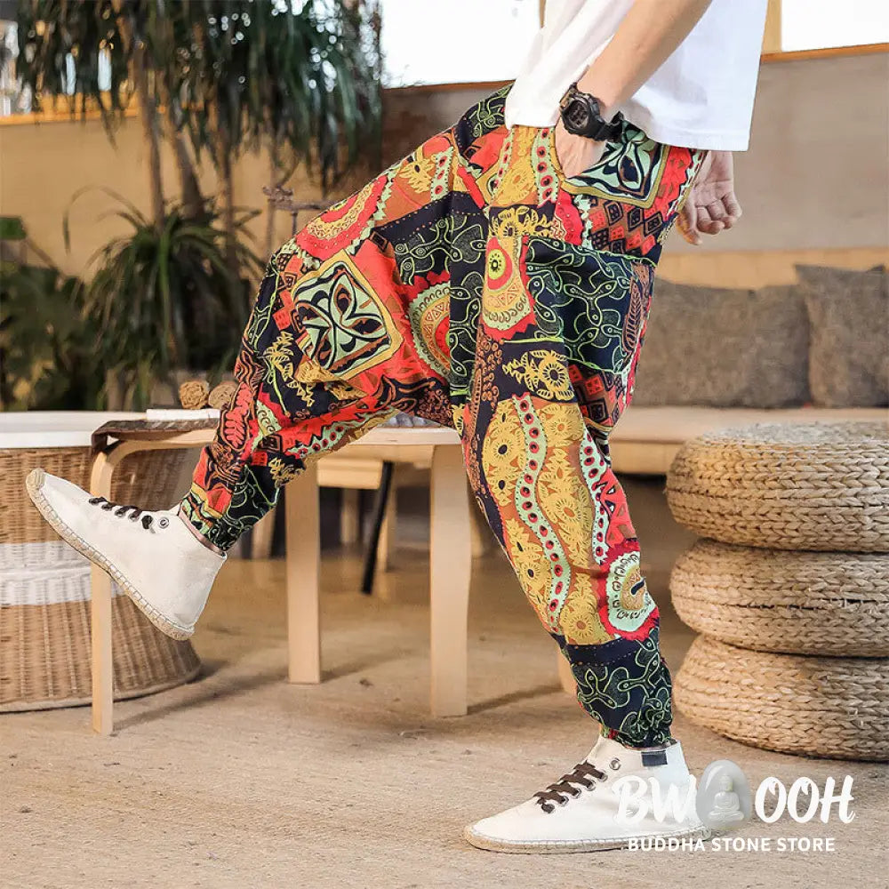 Buddha Stones Red Gold Casual Leaves Print Cotton Men’s Harem Pants With Pockets - Men’s Harem Pants