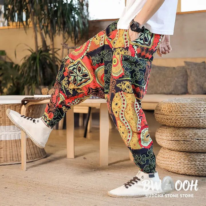 Buddha Stones Red Gold Casual Leaves Print Cotton Men’s Harem Pants With Pockets - Men’s Harem Pants