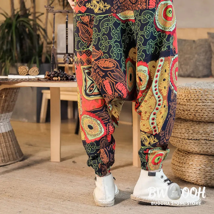 Buddha Stones Red Gold Casual Leaves Print Cotton Men’s Harem Pants With Pockets - Men’s Harem Pants
