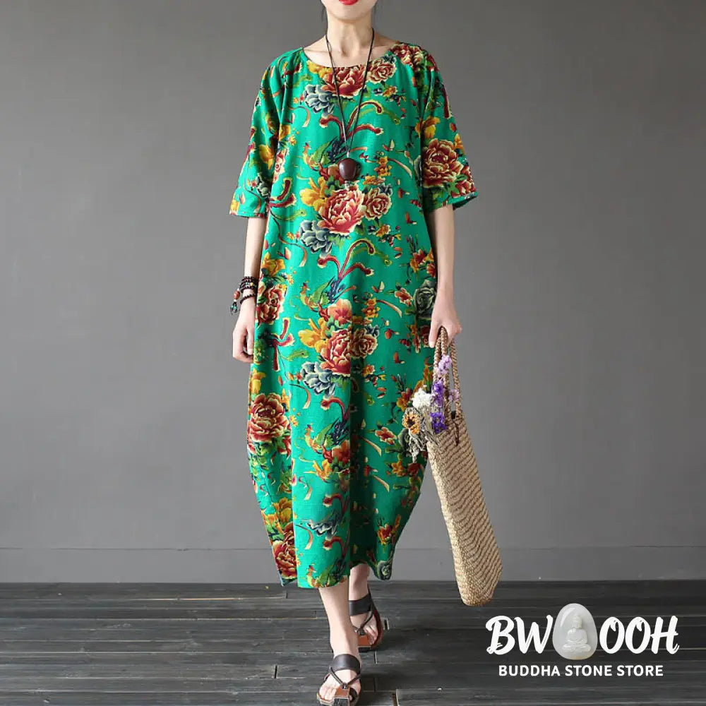 Buddha Stones Red Peony Flowers Printed Midi Dress Half Sleeve Cotton Linen Dress - Midi Dress