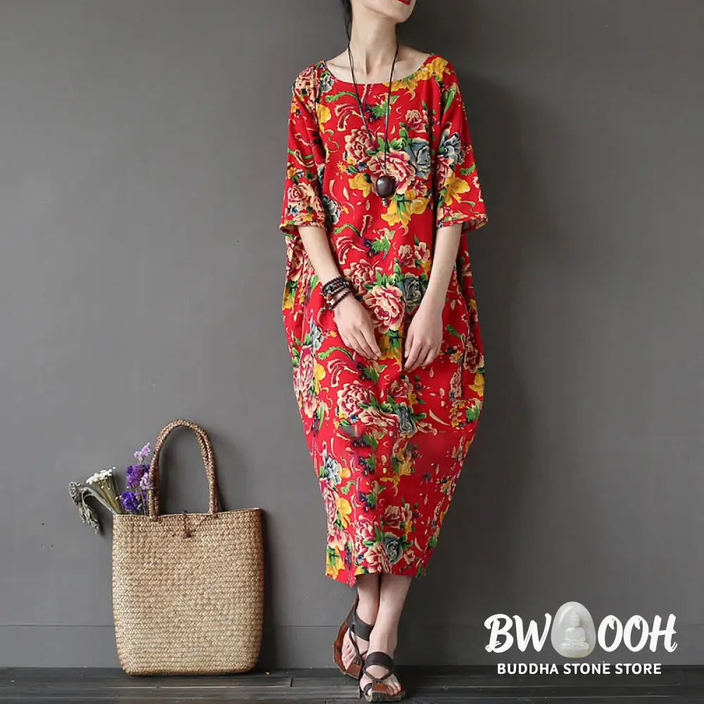 Buddha Stones Red Peony Flowers Printed Midi Dress Half Sleeve Cotton Linen Dress - Midi Dress