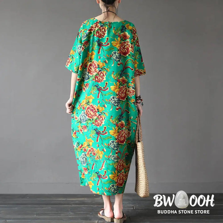 Buddha Stones Red Peony Flowers Printed Midi Dress Half Sleeve Cotton Linen Dress - Midi Dress