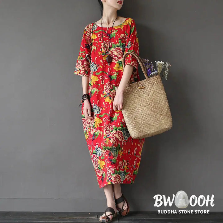 Buddha Stones Red Peony Flowers Printed Midi Dress Half Sleeve Cotton Linen Dress - Midi Dress