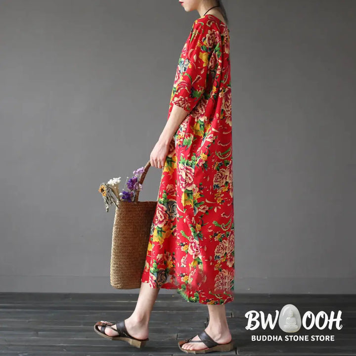 Buddha Stones Red Peony Flowers Printed Midi Dress Half Sleeve Cotton Linen Dress - Midi Dress