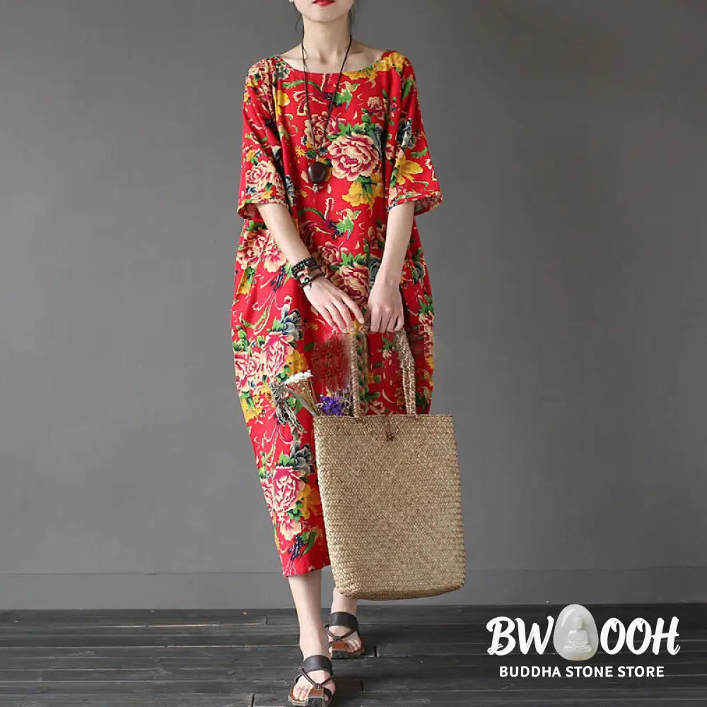 Buddha Stones Red Peony Flowers Printed Midi Dress Half Sleeve Cotton Linen Dress - Midi Dress