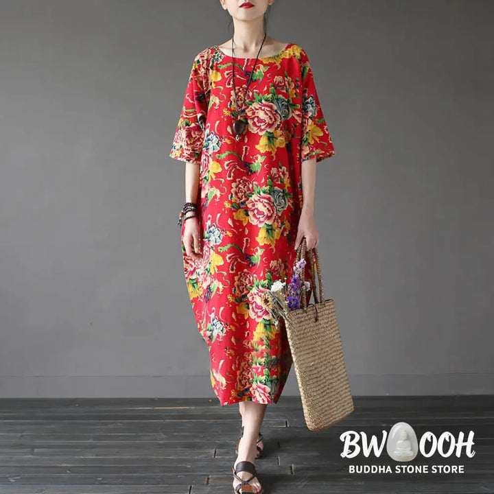 Buddha Stones Red Peony Flowers Printed Midi Dress Half Sleeve Cotton Linen Dress - Midi Dress