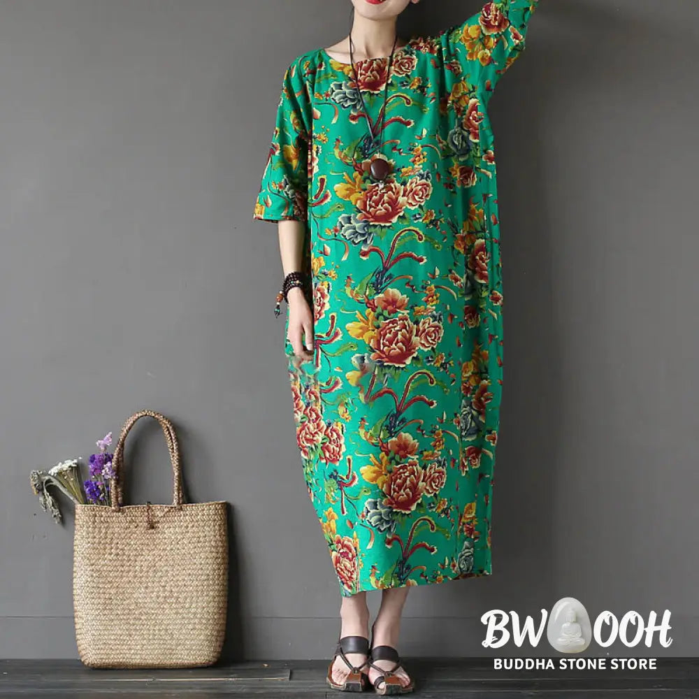 Buddha Stones Red Peony Flowers Printed Midi Dress Half Sleeve Cotton Linen Dress - Midi Dress