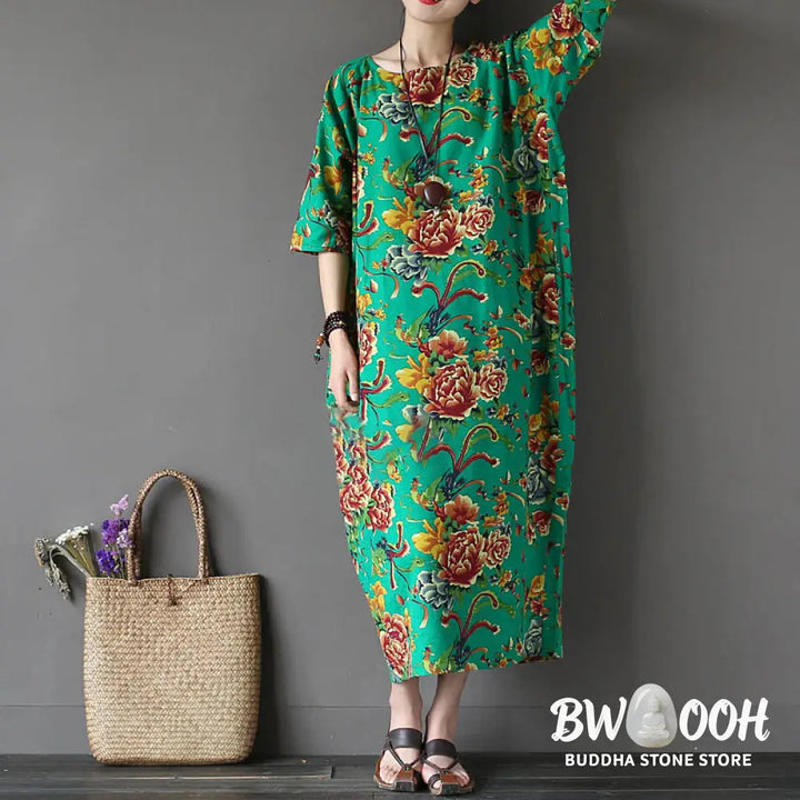 Buddha Stones Red Peony Flowers Printed Midi Dress Half Sleeve Cotton Linen Dress - Midi Dress