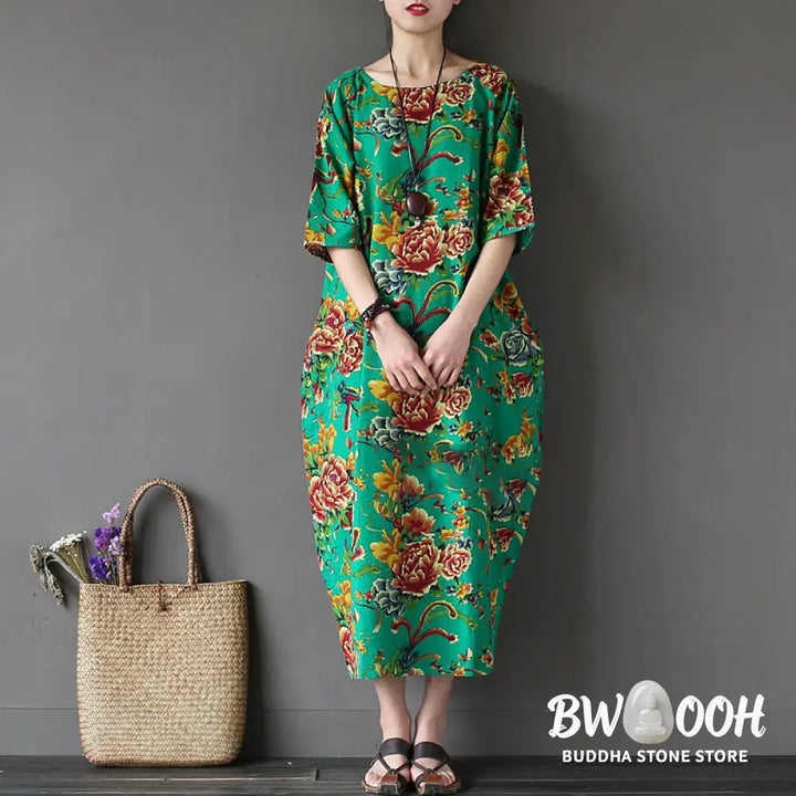 Buddha Stones Red Peony Flowers Printed Midi Dress Half Sleeve Cotton Linen Dress - Midi Dress