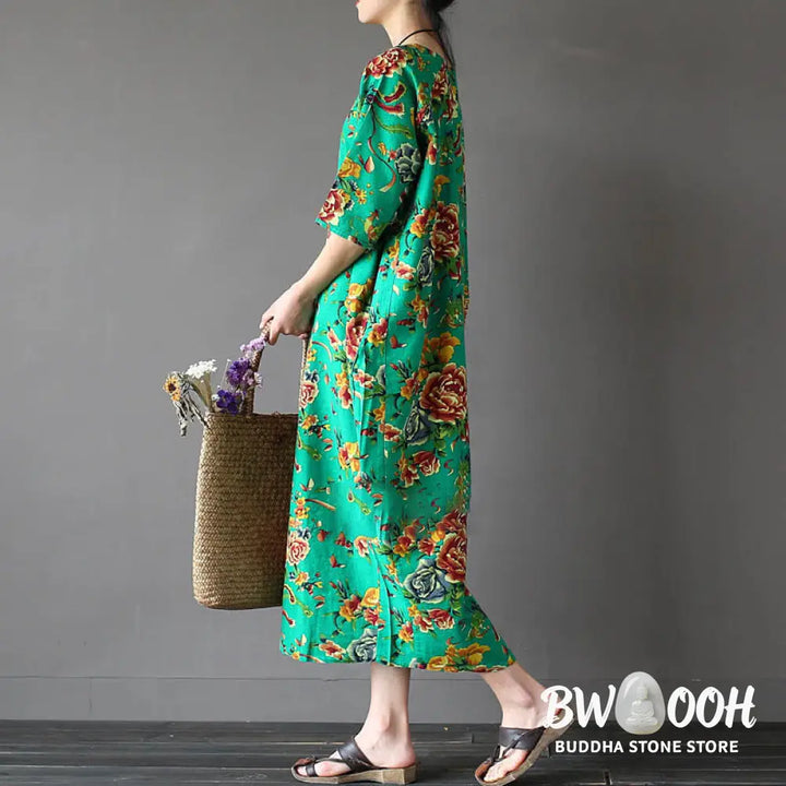 Buddha Stones Red Peony Flowers Printed Midi Dress Half Sleeve Cotton Linen Dress - Midi Dress