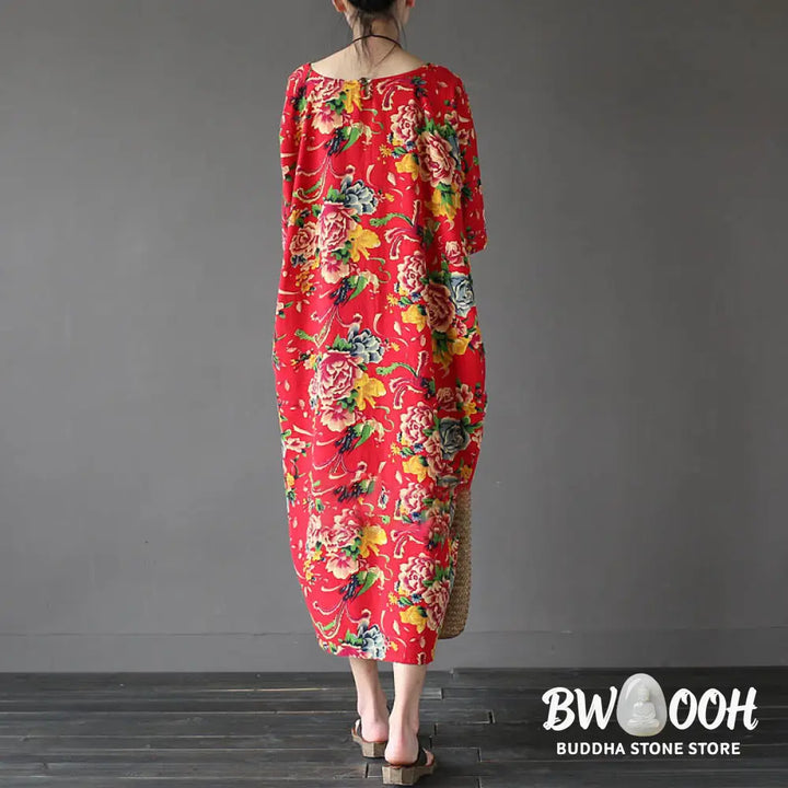 Buddha Stones Red Peony Flowers Printed Midi Dress Half Sleeve Cotton Linen Dress - Midi Dress