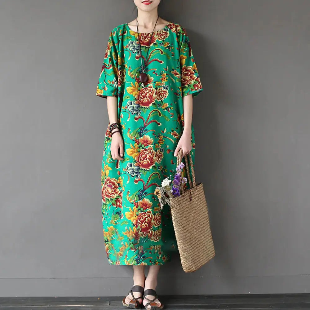 Buddha Stones Red Peony Flowers Printed Midi Dress Half Sleeve Cotton Linen Dress - Green-US4-12，UK/AU8-16，EU36-44 (F)