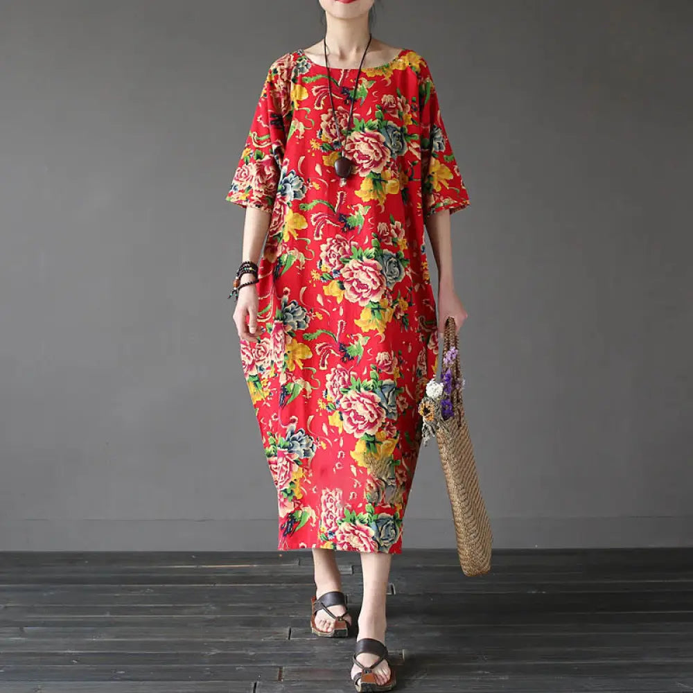 BWOOOH Red Peony Flowers Printed Midi Dress Half Sleeve C