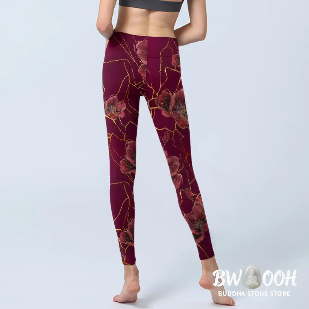 BWOOOH printed yoga leggings - Red Petals Golden Lines Pattern Print Gy