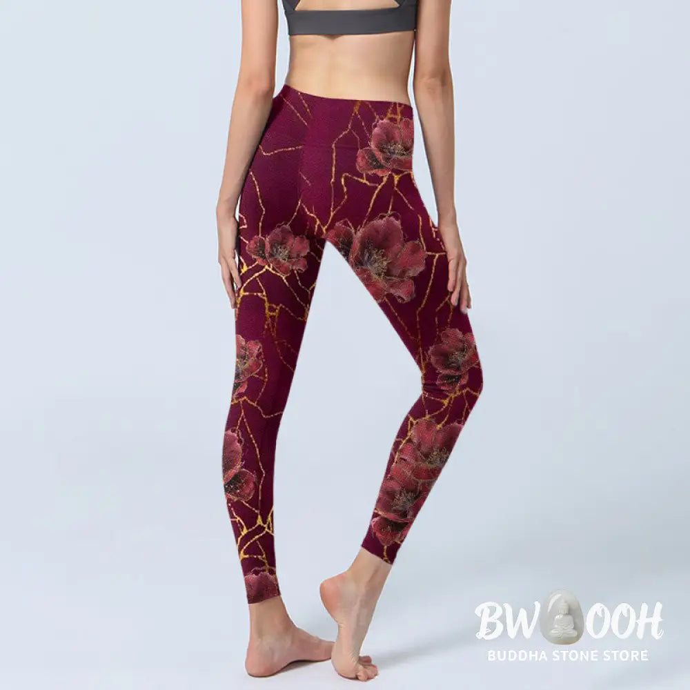 BWOOOH printed yoga leggings - Red Petals Golden Lines Pattern Print Gy